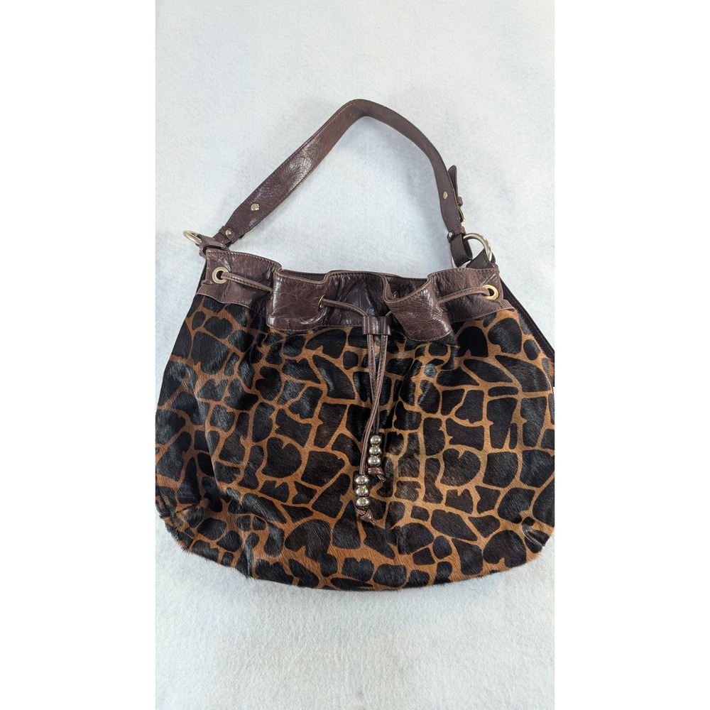 Vtg Y2K Giraffe Print Calf Hair Leather Hobo Bag Brown Animal Print aqua Madonna